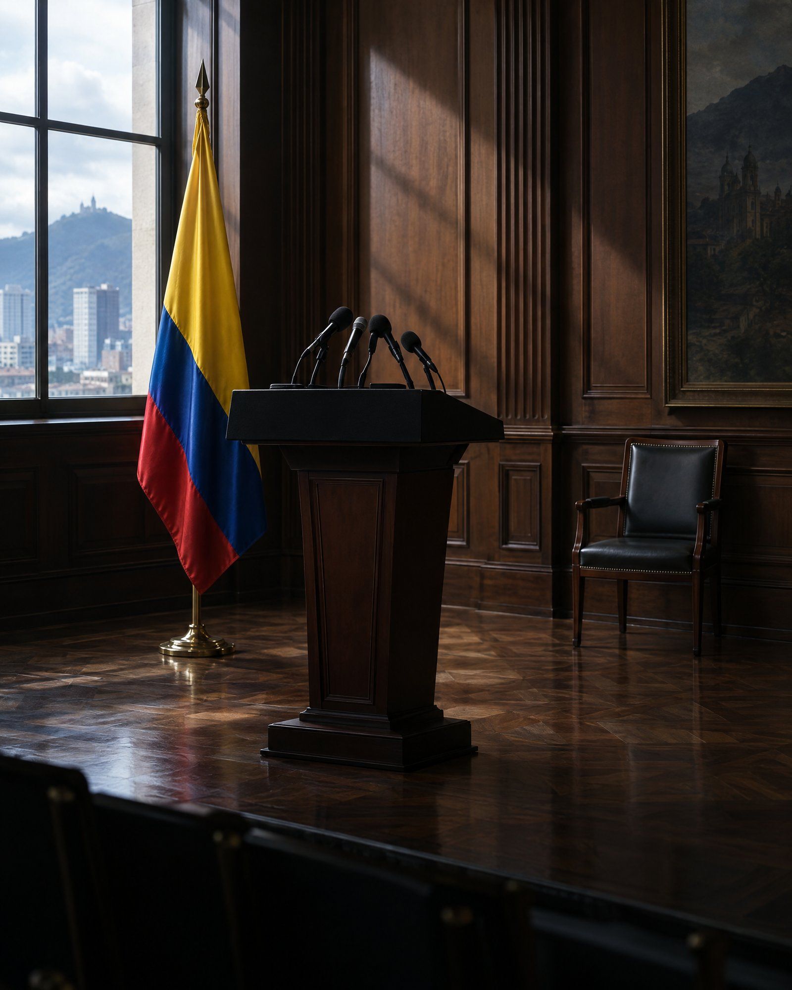Ilustración: atril con micrófonos junto a una bandera de Colombia en un salón vacío.