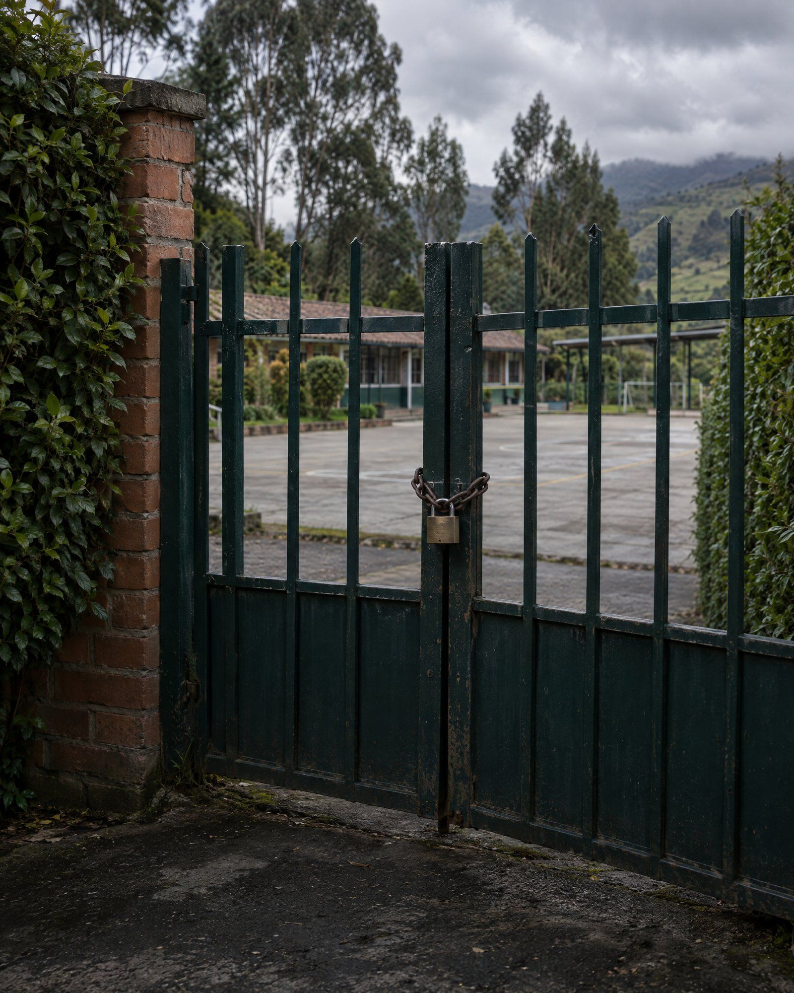 Ilustración: portón de reja cerrado con cadena y candado a la entrada de un colegio.